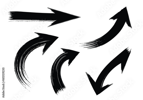Vector art of a set of grunge brush stroke arrows isolated on white background