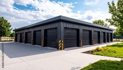 Modern storage facility under a partly cloudy sky