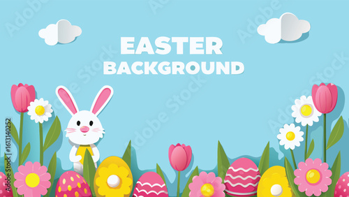 Easter themed illustration with a bunny, flowers, easter eggs and clouds on a light blue background design