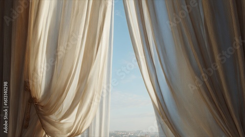Gentle Dawn Light Filtering Through Sheer Drapes Revealing a Distant Cityscape