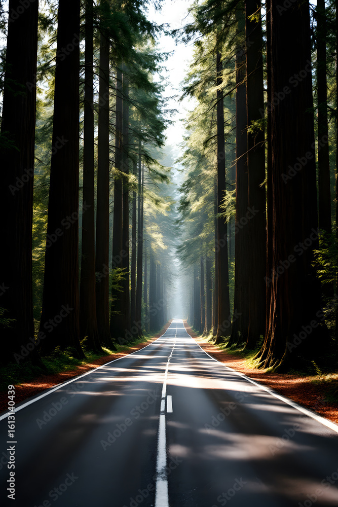 Fototapeta premium Road Through Majestic Redwood Forest Serene Scenic Travel Journey