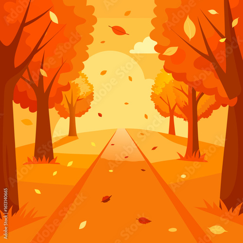 dreamy autumn alley with vibrant falling leaves