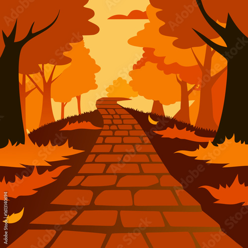   serene cobblestone pathway surrounded by fiery
