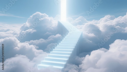 Bright White Staircase Leading to Light in Cloudy Sky Surreal Heavenly Scene