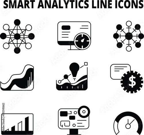 A set of nine smart analytics line icons depicting data analysis, networking, performance monitoring, and financial growth in black and white.