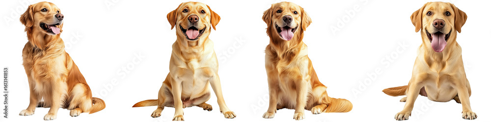 Fototapeta premium Four happy golden retriever dogs sitting and facing forward with tongues out.