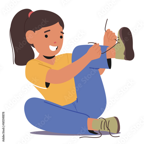 Cute excited little girl child cartoon character learning to tie shoelaces sitting on floor