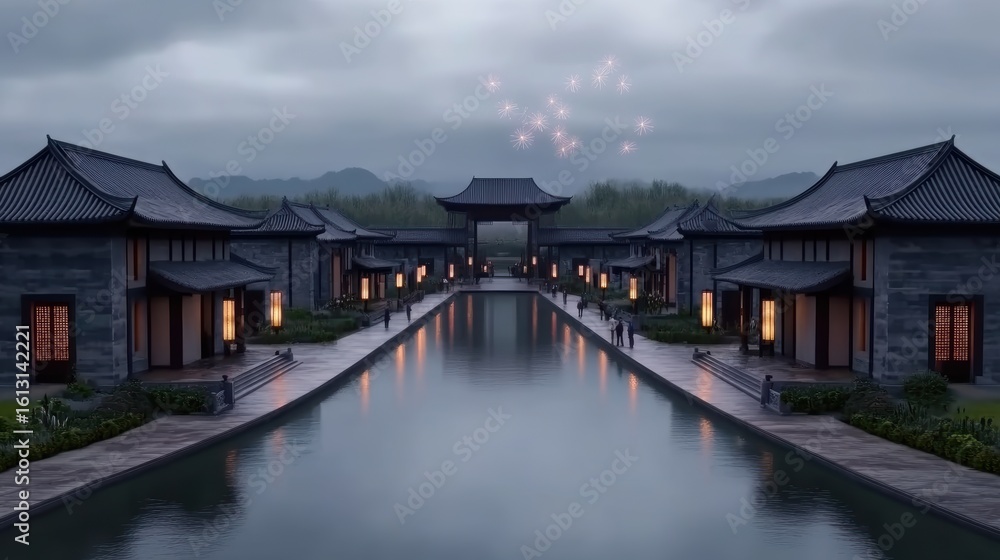 Fototapeta premium A serene waterway flanked by traditional architecture, illuminated by soft lantern light beneath a cloudy sky, features a festive vibe with fireworks in the distance, Ideal for travel, culture