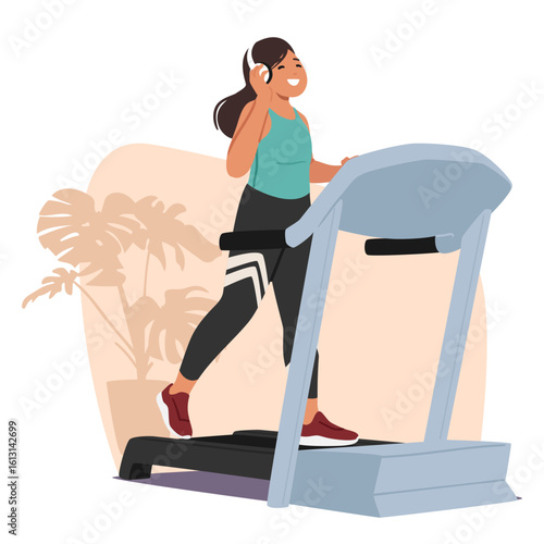 Active teenage girl cartoon character running using treadmill stationary sports machine at home