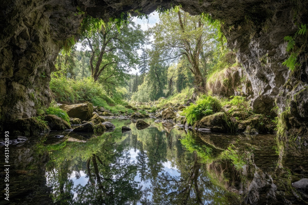 Cave opening reflecting a lush forest stream Cave opening reflecting a lush forest stream
