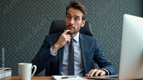 Professional Man in Suit Working at Desk with Laptop and Coffee