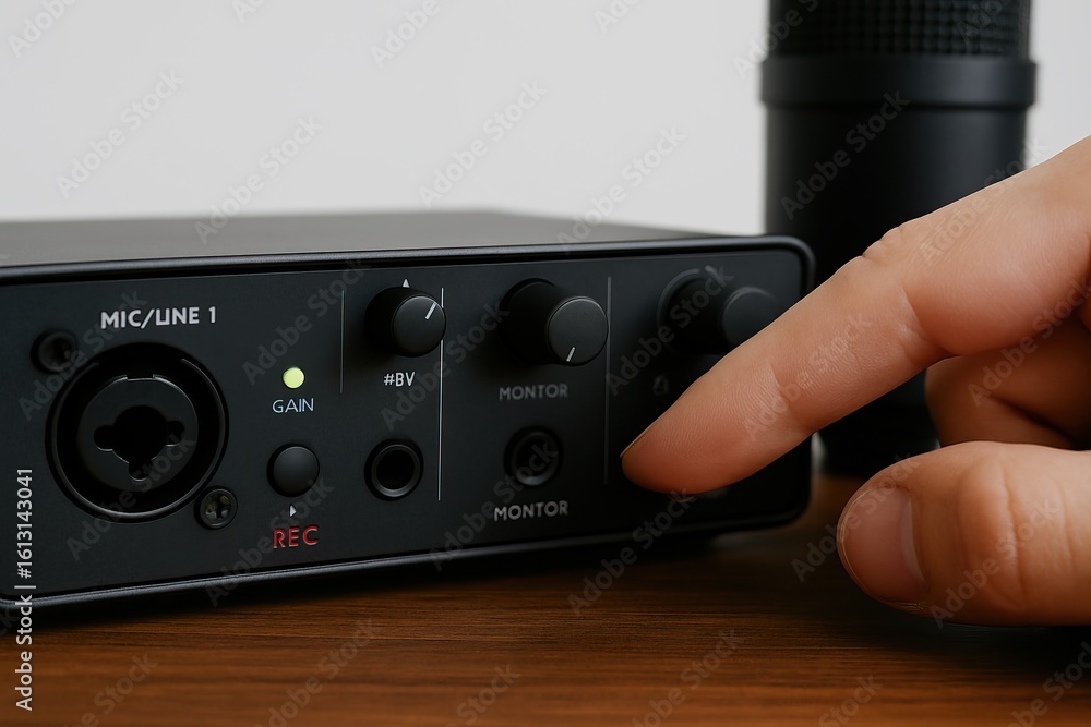 Obraz premium A finance podcast offers insights on money, markets, and planning. A hand adjusts the knob on an audio interface device placed on a wooden surface, used for recording and monitoring sound inputs.