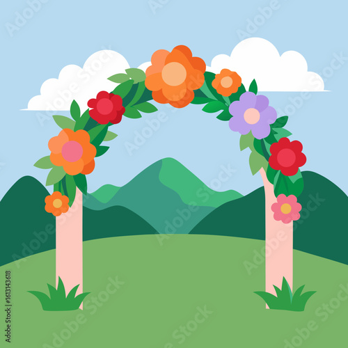 whimsical wedding arch of colorful fresh flowers  