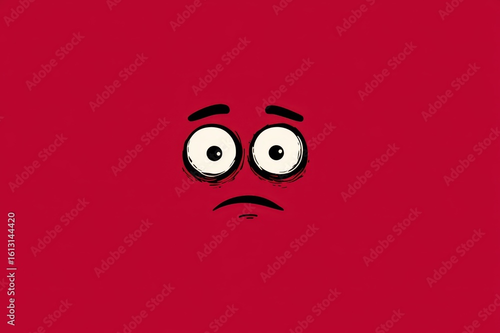 Fototapeta premium Schematic illustration of a surprised face showing fear on a vibrant red background with exaggerated facial features
