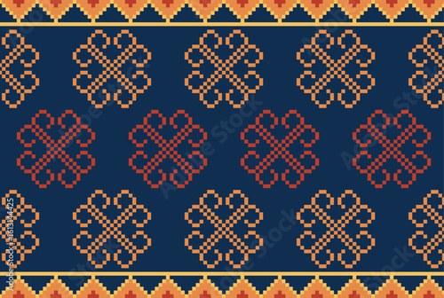 Thai Pixel Art Seamless Textile Pattern – Dark Blue and Gold Ethnic Weaving Design