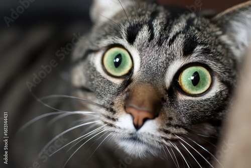 Cat displaying shock and surprise with wide eyes and alert expression, showcasing an intense emotional reaction in a cozy indoor setting