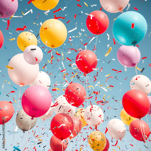 A lively scene of floating balloons with a dynamic dispersion of confetti gives a sense of movement and celebration