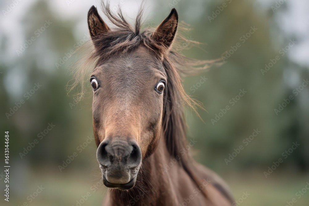 Fototapeta premium Confused horse with expressive eyes in a natural setting showcasing a moment of surprise amidst gentle surroundings