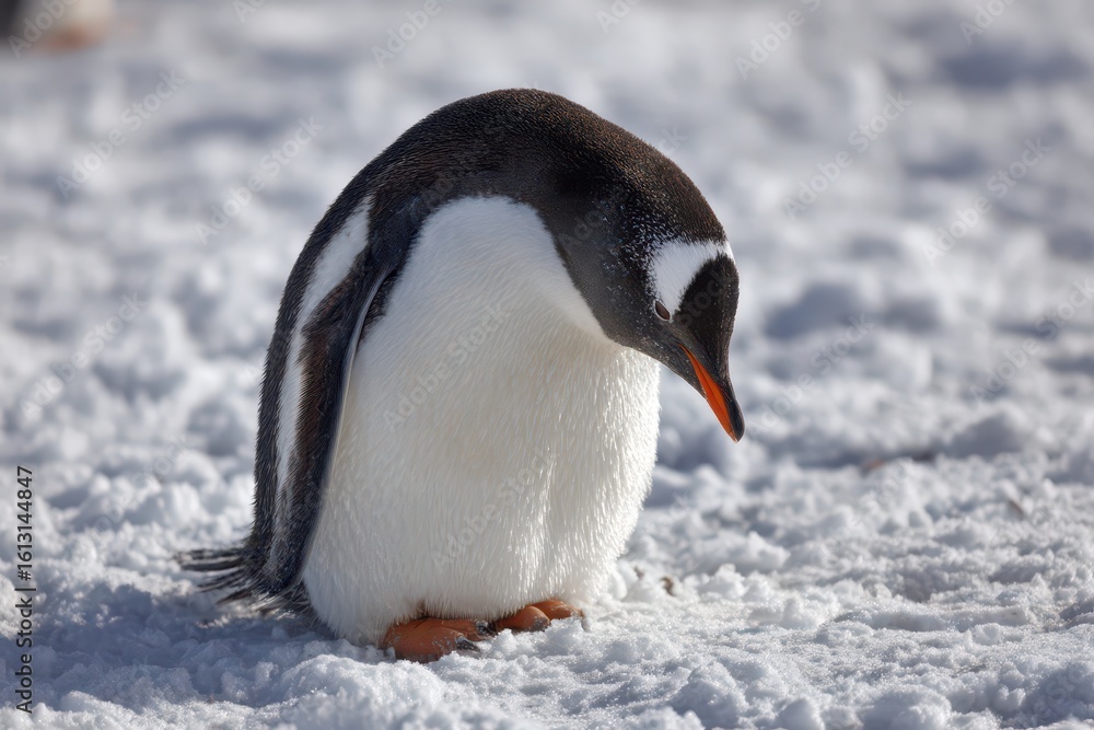 Obraz premium Penguin slipping on ice shows feelings of embarrassment in snowy environment