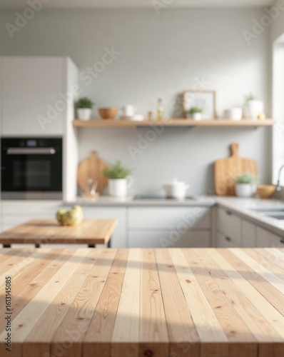 Empty wooden kitchen table with blurred modern kitchen in background. Natural light, Photorealistic mockup for product or food display