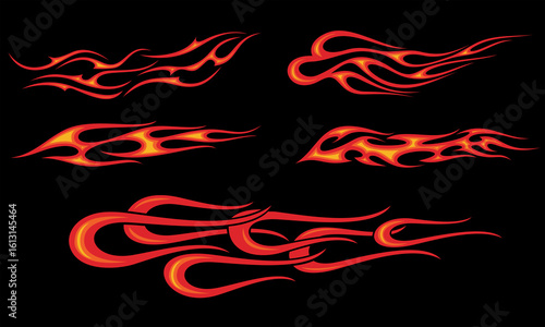 Vector set of decorative red and black tribal fire flames with floral and dragon swirl elements, ideal for tattoo designs or artistic illustration patterns