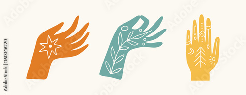 boho hands art mystical set. Reiki meditation hand witchcraft sacred mystical hand drawn color doodle symbol vector illustration