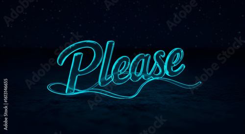 Neon turquoise Please text with a stylized, cursive font, displayed on a dark, textured surface. 3D graphic design, suitable for advertising or editorial use.