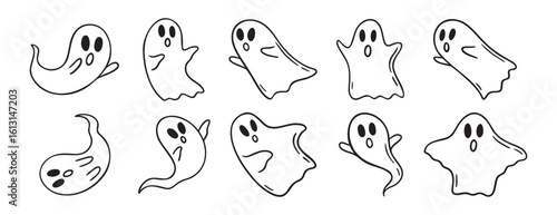 Cartoon haunted ghost Halloween doodle hand drawn icon set. Outline drawing cute ghost characters.