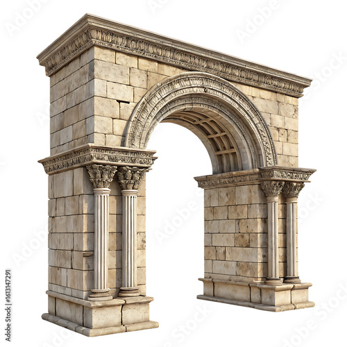 Magnificent ancient roman stone archway with detailed columns and intricate carvings isolated on transparent background