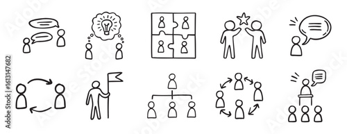 meeting team icon work team doodle hand drawn icon set. Outline drawing line clipart symbol collection