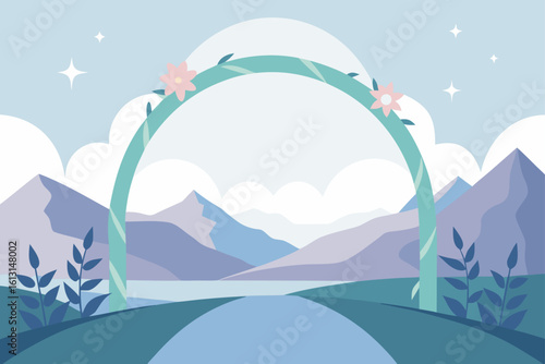 delicate floral arch on a hilltop overlooking a sp