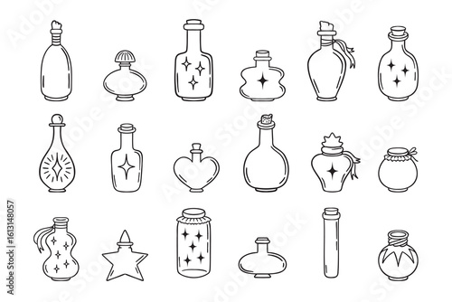 Magic flasks, bottles and jars doodle hand drawn icon set. Outline drawing line clipart symbol collection