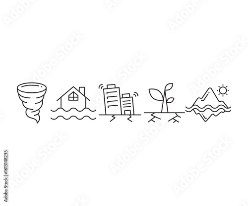 natural disasters icons set line illustration