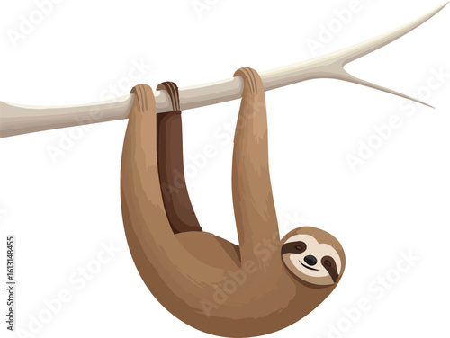 A brown three-toed sloth hangs upside down from a tree branch, showcasing its relaxed posture and adorable features.