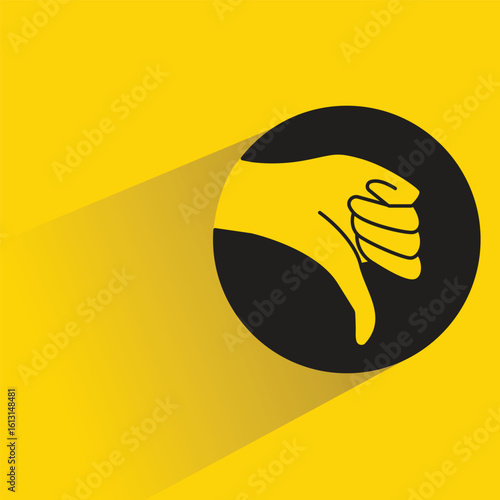 hand thumb down gesture circle button with shadow on yellow background