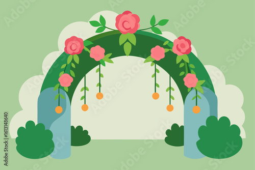 floral arch draped with roses and greenery  framin