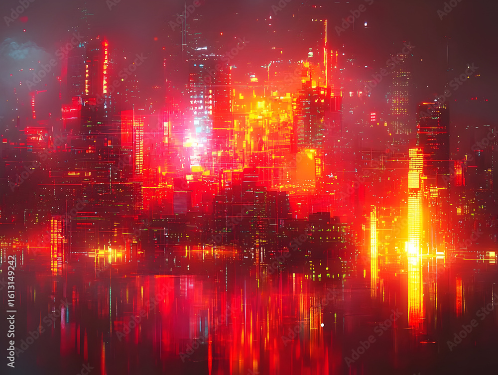 Fototapeta premium Futuristic Cityscape: Red and Orange Neon Lights Reflect on Water at Night