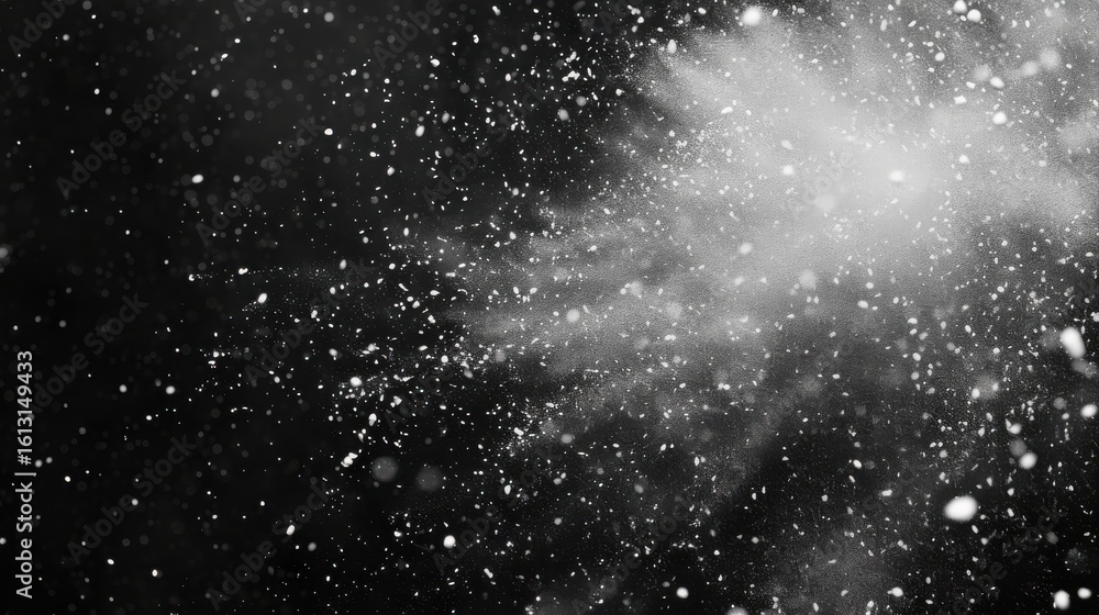 Obraz premium Texture of rain and fog on a black background overlay effect, Abstract splashes of Rain and Snow Overlay Freeze motion of white particles on black background