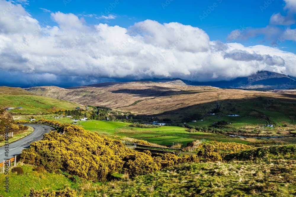 Naklejka premium Farms over Loch Harport, Drynoch, Isle of Skye, Scotland, UK