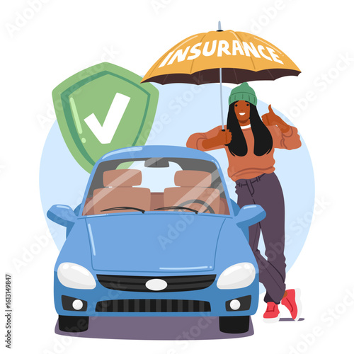 Happy woman customer rejoicing being protected having car and travel insurance cartoon scene