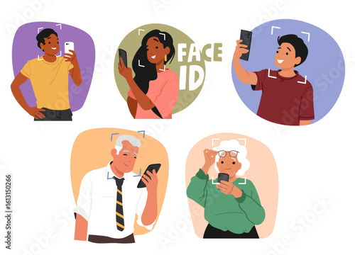 Diverse people cartoon characters using face ID technology to unlock smartphone isolated set