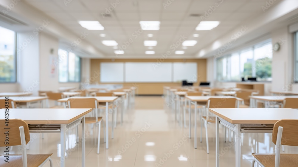 Fototapeta premium Educational event in modern classroom school environment interior space wide angle view learning atmosphere