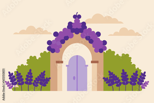 vintage arch covered in lavender and lace  placed 