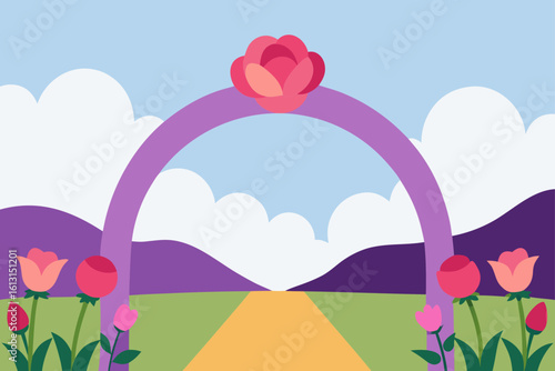 whimsical arch of garden roses and tulips  in a fi
