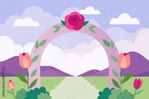 whimsical arch of garden roses and tulips  in a fi