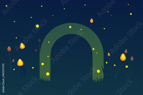 whimsical arch surrounded by glowing fireflies in 