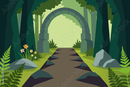 wildflower and fern arch on a forest path lined wi