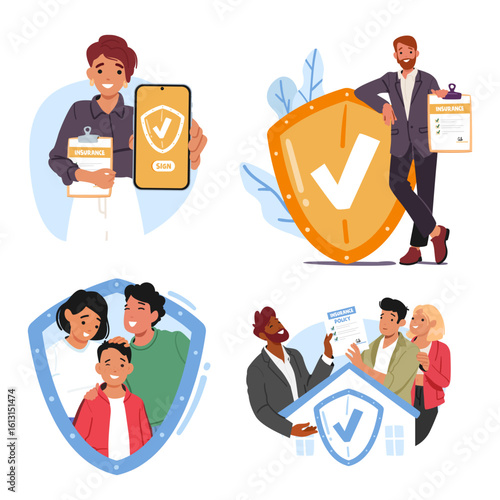 Man and woman insurance brokers offering property protection services and policy agreement set