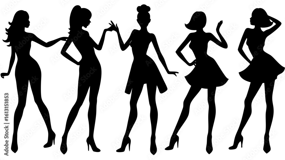 Obraz premium Five women fashion models posing together silhouette vector illustration