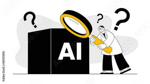 scientist researching the black box of artificial intelligence vector illustration, machine learning logic and data science problems